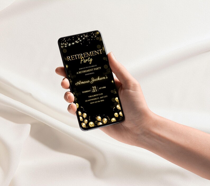 May include: Black and gold retirement party invitation on a smartphone screen. The invitation features a black background with gold confetti and text that reads "Retirement Party" and "Amara Jackson's". The date and time of the party are listed as "Tuesday, 25 Oct, at 7 PM".
