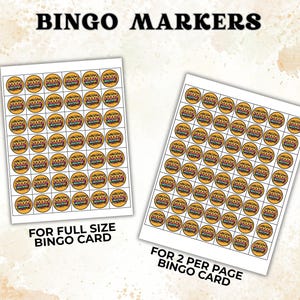 May include: Two sheets of bingo markers with a retro burger design. The text "BINGO MARKERS" is at the top. One sheet is labeled "FOR FULL SIZE BINGO CARD" and the other "FOR 2 PER PAGE BINGO CARD". Each marker has the text "2000s" and "Miss Bingo".