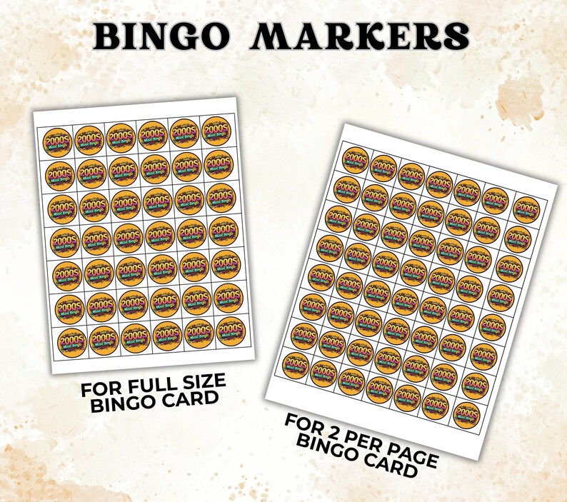 May include: Two sheets of bingo markers with a retro burger design. The text "BINGO MARKERS" is at the top. One sheet is labeled "FOR FULL SIZE BINGO CARD" and the other "FOR 2 PER PAGE BINGO CARD". Each marker has the text "2000s" and "Miss Bingo".