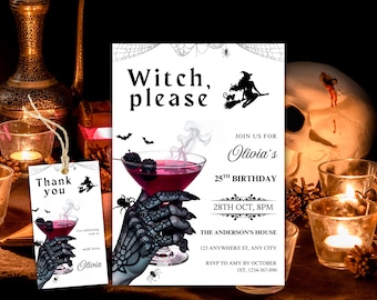 Può includere: Un invito e un biglietto di ringraziamento a tema Halloween. L'invito recita "Witch, please" e include i dettagli per il 25° compleanno di Olivia. Il biglietto dice "Grazie" e "con amore, Olivia". Entrambi presentano un cocktail, una strega e una mano scheletrica.