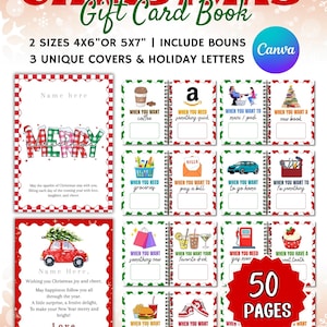 Peut inclure: Un livre de cartes-cadeaux sur le thème de Noël, avec un design rouge et vert. La couverture affiche "CHRISTMAS Gift Card Book" et "2 SIZES 4X6"OR 5X7" | INCLUDE BOUNS". Il contient 50 pages avec des invites comme "When you want coffee" et "When you want fast food".