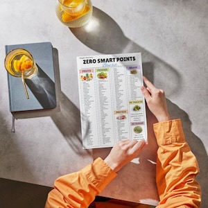 May include: A person holding a printed list titled "ZERO SMART POINTS Blue List" with categories for fruits, vegetables, beans, and protein. The person is wearing an orange long-sleeved shirt. A glass of water with a gold straw and a notebook are on the table.