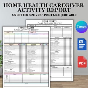 Op de afbeelding: Een printbare sjabloon voor een activiteitenrapport voor thuiszorgverleners. De sjabloon bevat secties voor datum, dag, begintijd, eindtijd, totale uren, opmerkingen, diensten, persoonlijke huidverzorging en dagelijkse handtekeningen. De sjabloon is ontworpen voor gebruik door thuiszorgverleners om hun activiteiten bij te houden en documentatie van de zorg te verstrekken.