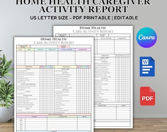 Home Health Caregiver Activity Report, Elder Care Checklist, Caregiver Daily Log, Caregiver Task Sheet, Caregiver Checklist, Caregiving Task