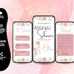 Digital Pink Floral Bridal Shower Invitation, Animated Bridal Shower Invitation, Editable Bridal Party Video Invite, Bachelorette Bach Party