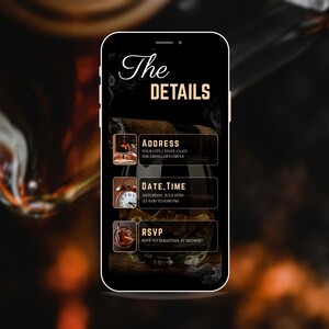 May include: A smartphone screen displaying an invitation to a party. The invitation has a black background with gold text and images. The text reads "The Details", "Address", "Your City/State CAIZS The Distillers Circle", "Date, Time", "Saturday, July 15th at 6:00 to 8:00 PM", and "RSVP RSVP to Sebastian at 6234567".