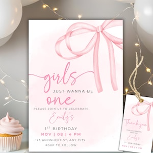 Pink Bow Birthday Invitation Template, Elegant Coquette Girl 1st Birthday Party Invite, Pastel Pink Ribbon Girls Just Wanna Be ONE Invite