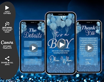 Digital Boy Baby Shower Invitation Template, Animated Baby Shower Invite, Editable Blue Silver Balloons Diamonds Phone Mobile Evite