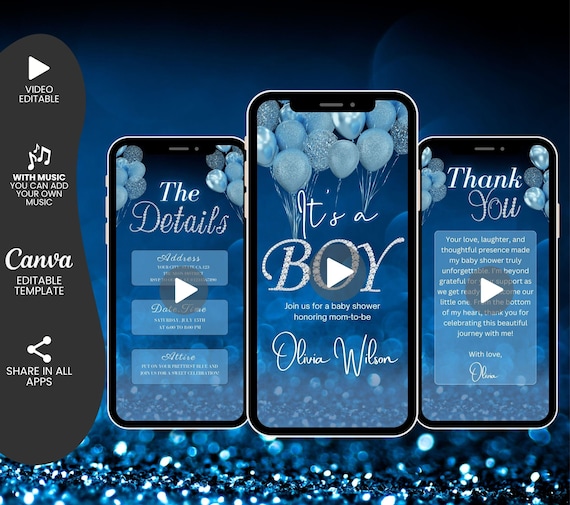 Digital Boy Baby Shower Invitation Template, Animated Baby Shower Invite, Editable Blue Silver Balloons Diamonds Phone Mobile Evite