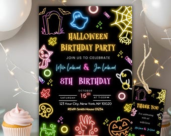 Neon Halloween Party Invitation Template, Editable Spooky Costume Party Invite, Glow Party, Modern Birthday, Halloween Spooky Party Invite