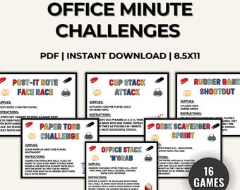 May include: A PDF document offering 16 office minute challenges, such as Post-It Note Face Race, Cup Stack Attack, and Rubber Band Shootout. The game cards are A4 size.