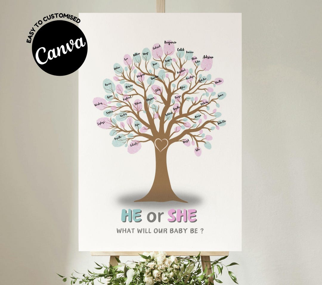 Gender Reveal Tree Fingerprint Guest Book Printable, He or She What ...