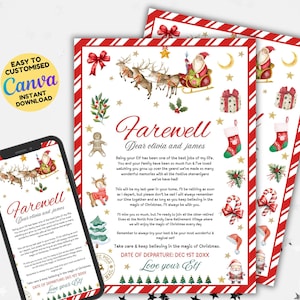 May include: A Christmas-themed printable farewell letter with a festive design. The letter features illustrations of Santa Claus, reindeer, and Christmas ornaments. The text includes the words "Farewell" and "Love your Elf."