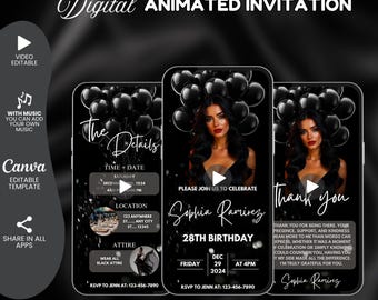 Digital All Black Birthday Party Invitation, Birthday Brunch, Birthday Dinner, Formal Attire Invite, Animated All Black Affair Template