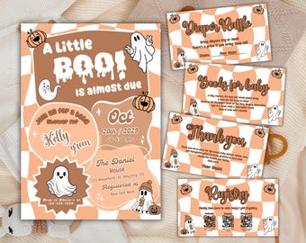 A Little Boo Baby Shower Set, Editable Halloween Baby Shower Invite, Retro Ghost Halloween Baby Shower Invite, Checkered Ghost Shower Set