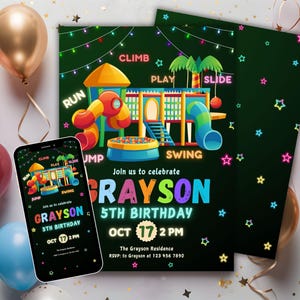 K&ouml;nnte beinhalten: Eine neon-gr&uuml;ne, schwarze und regenbogenfarbene Geburtstagseinladung mit einem Cartoon-Spielplatz und dem Text "Join us to celebrate Grayson 5th Birthday Oct 17 2 PM The Grayson Residence RSVP: to Grayson at 123 456 7890".