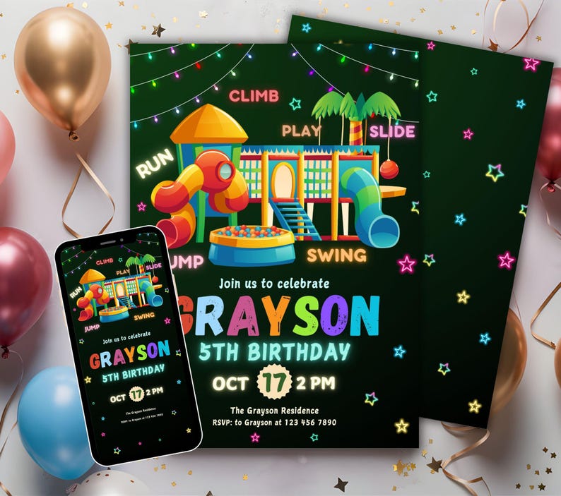 K&ouml;nnte beinhalten: Eine neon-gr&uuml;ne, schwarze und regenbogenfarbene Geburtstagseinladung mit einem Cartoon-Spielplatz und dem Text "Join us to celebrate Grayson 5th Birthday Oct 17 2 PM The Grayson Residence RSVP: to Grayson at 123 456 7890".