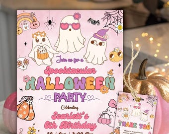 May include: A pink Halloween party invitation and matching thank you tag. The invitation features cartoon ghosts, pumpkins, and the text "Spooktacular Halloween Party" celebrating a 6th birthday. The tag says "Thank You".