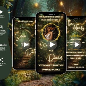 Könnte beinhalten: Eine digitale Hochzeitseinladung mit einem magischen Wald-Thema. Die Einladung zeigt ein Foto des Paares, den Text "Save the Date" und das Hochzeitsdatum. Die Einladung enthält auch Details zur Rezeption und zur Hochzeitszeremonie.