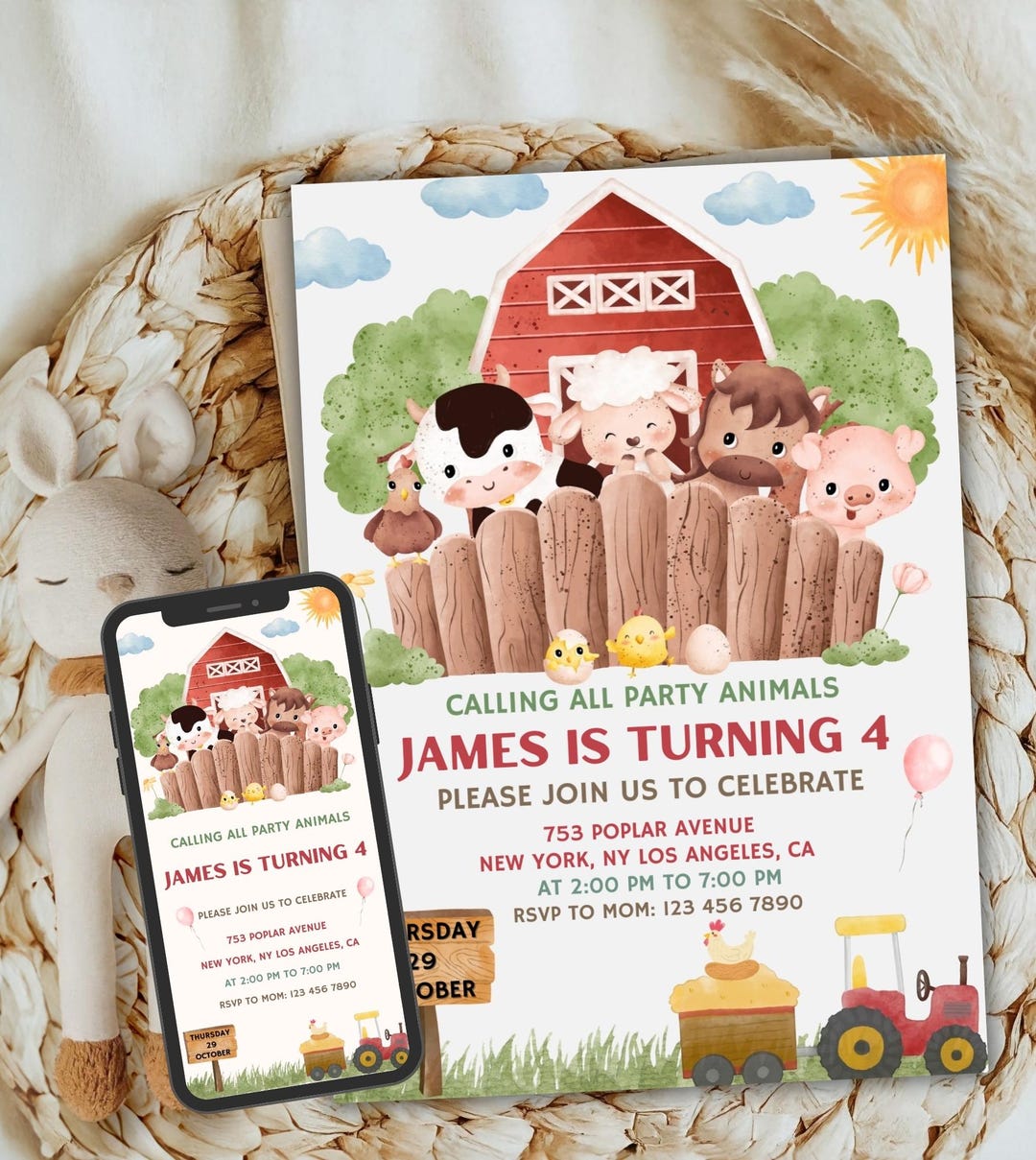EDITABLE Farm Birthday Invitation, Barn Animals Party Invite Template ...
