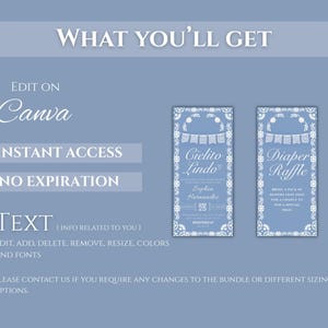 May include: A light blue digital invitation set with the text "What You'll Get". The set includes a "Cielito Lindo" invitation and a "Diaper Raffle" card, both with white floral and banner designs. The text "Edit on Canva" is also visible.