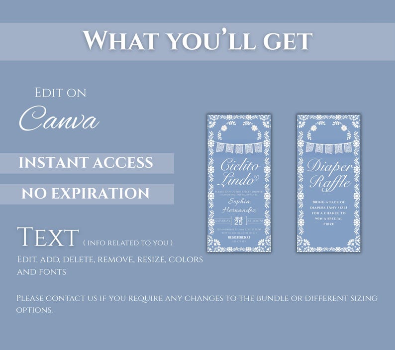 May include: A light blue digital invitation set with the text "What You'll Get". The set includes a "Cielito Lindo" invitation and a "Diaper Raffle" card, both with white floral and banner designs. The text "Edit on Canva" is also visible.