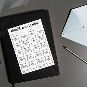 May include: A black and white printable weight loss tracker with a scale icon for each day of the month. The tracker includes sections for date, current weight, and target weight.