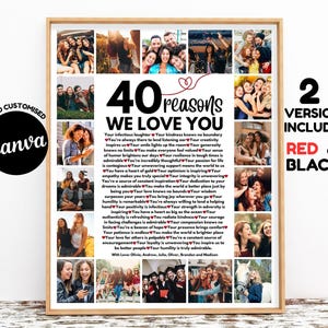 Modèle d'affiche 40 raisons pour lesquelles nous t'aimons avec photos, cadeau imprimable pour 40e anniversaire pour lui ou pour elle, décoration modifiable et personnalisée pour 40e anniversaire