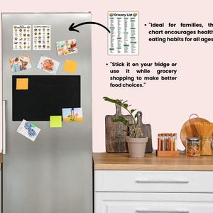 May include: A white refrigerator with a black magnetic board. The board has several magnets attached to it, including a grocery list, a photo of a fruit salad, and a photo of a couple. The refrigerator is in a kitchen setting with a wooden worktop and a plant in a pot.