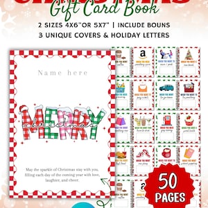 May include: A Christmas-themed gift card book with a red and white checkered border. The cover features the text "MERRY CHRISTMAS" in a festive font. Includes 50 pages and the option to edit in Canva.