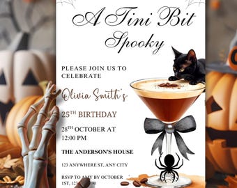 Ein bisschen gruselige Elegante Halloween-Einladung, Ein bisschen ältere Geburtstagseinladung, Halloween Espresso Martini Geburtstagseinladung