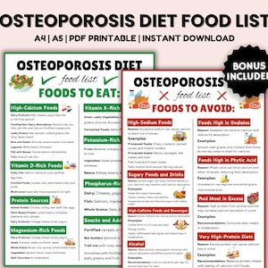 Afdrukbaar osteoporosedieetplan, voedsellijst met hoog calciumgehalte, osteoporose botgezondheidsdieet, dieetplan, osteoporose voedselkaart, voedseldagboek