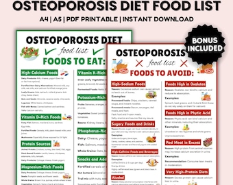 Osteoporosis Diet Plan Printable, High Calcium Food List, Osteoporosis Bone Health Diet, Diet Plan, Osteoporosis Food Chart, Food Journal