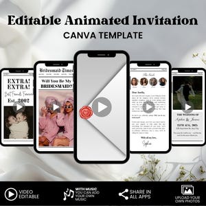 May include: An animated invitation template on mobile phones. The design includes the text "Editable Animated Invitation CANVA TEMPLATE". The phones display wedding and bridesmaid themes, with the option to add music and share in apps.