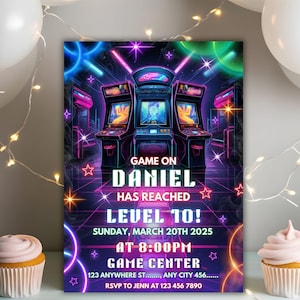 Modèle d'invitation d'anniversaire arcade, jeu d'arcade néon sur invitation, jeu rétro jeu invitation, jeu vidéo numérique anniversaire inviter garçons Gamer party