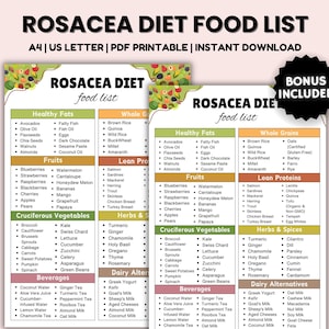 May include: A printable food list for the Rosacea Diet. The list is divided into categories: Healthy Fats, Whole Grains, Fruits, Lean Proteins, Cruciferous Vegetables, Herbs & Spices, Beverages, and Dairy Alternatives. The list includes foods such as avocados, salmon, blueberries, broccoli, ginger tea, and Greek yogurt.