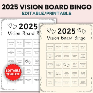 Vision Board Bingo modifiable, modèle de carte de bingo 2025, tableau des résolutions du nouvel an, idée d'objectifs du nouvel an, modèle d'activité du nouvel an imprimable