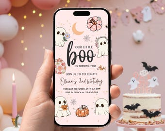 Editable Our Little Boo is Turning Two Invitation, Halloween Birthday Invitation, Pink 2nd Birthday Girl Invitation, Cute Pink Ghost Party