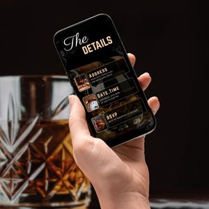 May include: A black smartphone with a white screen displaying an event invitation. The invitation includes the event name "The Details", the address, date, time, and RSVP information.