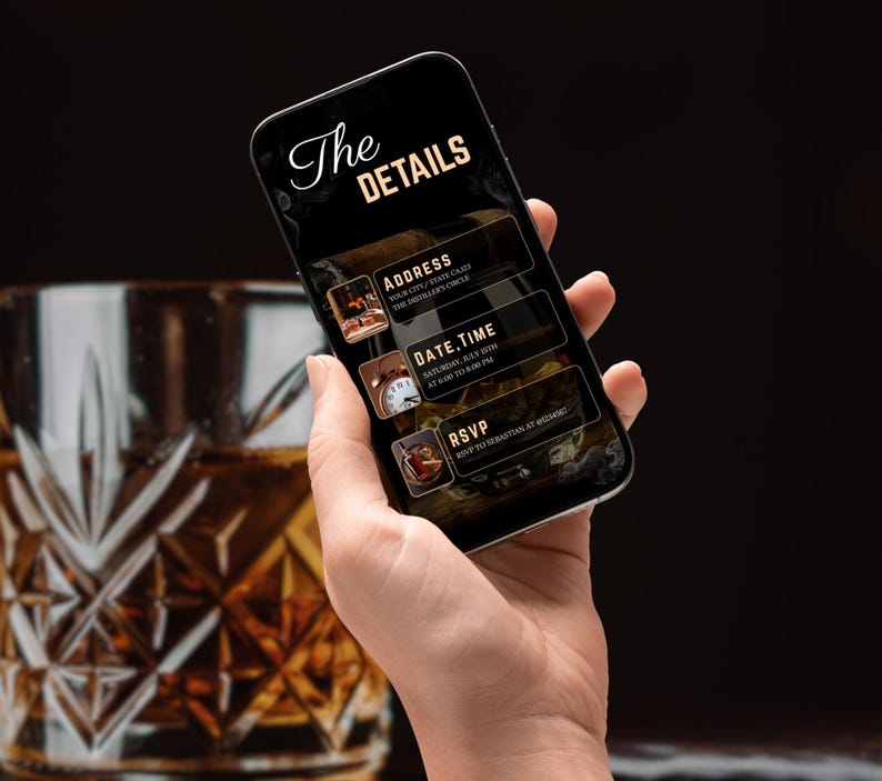 May include: A black smartphone with a white screen displaying an event invitation. The invitation includes the event name "The Details", the address, date, time, and RSVP information.