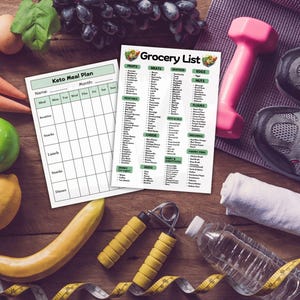 May include: A printable keto meal plan and grocery list with a green and white design. The meal plan is a blank template with columns for each day of the week. The grocery list includes a variety of food categories, including fruits, vegetables, meats, seafood, eggs, nuts, and more.