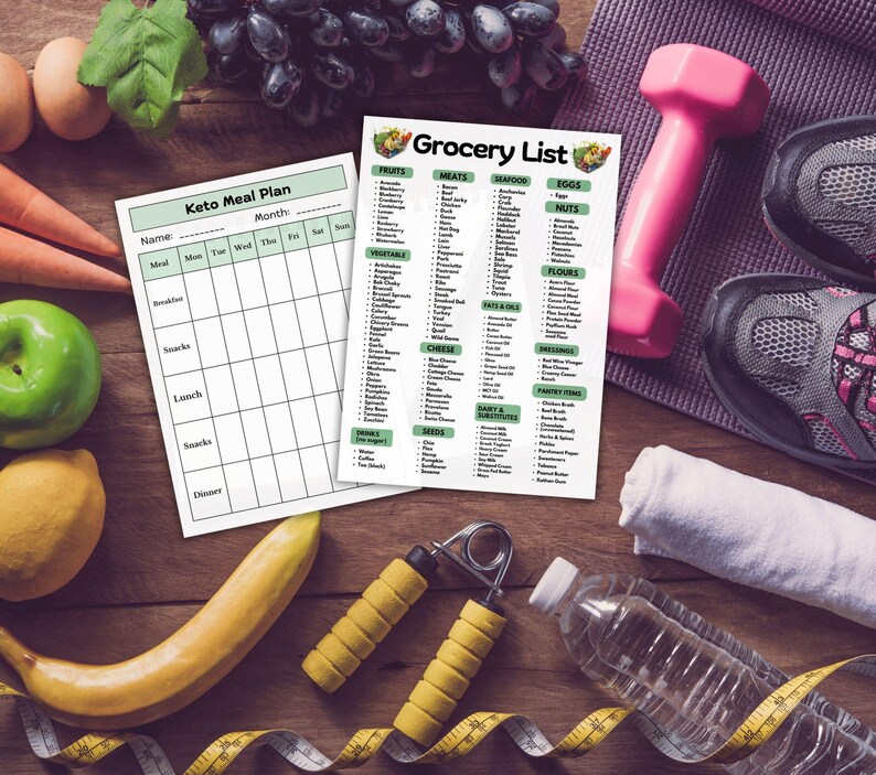 May include: A printable keto meal plan and grocery list with a green and white design. The meal plan is a blank template with columns for each day of the week. The grocery list includes a variety of food categories, including fruits, vegetables, meats, seafood, eggs, nuts, and more.