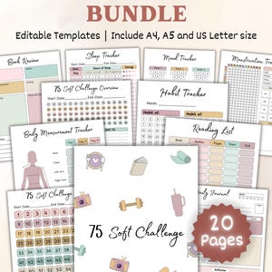 Puede incluir: Un paquete de 20 plantillas imprimibles para el seguimiento de hábitos, estados de ánimo, sueño y medidas corporales. Incluye una reseña de libro, una lista de lectura y una descripción general del desafío suave de 75 días. Incluye tamaños A4, A5 y US Letter.
