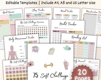 Editable 75 Soft Challenge Tracker, 75 Soft Challenge, Daily 75 Soft Challenge journal, 75 soft planner, Habit Tracker, Fitness Journal