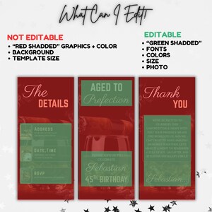 May include: A printable invitation template for a 45th birthday party. The invitation features a red background with a green shaded box that says "Aged to Perfection". The box also includes a glass of red wine and a cigar. The text "Please join us to celebrate Sebastian 45th Birthday" is in the green box. The invitation also includes a section for the details of the party, such as the address, date, and time. The invitation also includes a thank you section.