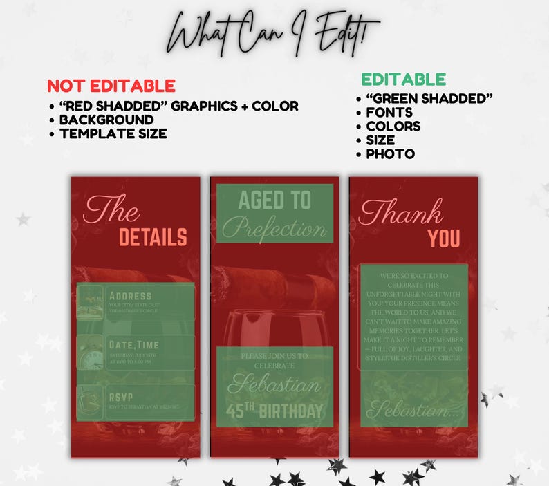 May include: A printable invitation template for a 45th birthday party. The invitation features a red background with a green shaded box that says "Aged to Perfection". The box also includes a glass of red wine and a cigar. The text "Please join us to celebrate Sebastian 45th Birthday" is in the green box. The invitation also includes a section for the details of the party, such as the address, date, and time. The invitation also includes a thank you section.