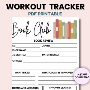 May include: A printable book review sheet with the words "Book Club" in a script font. The sheet includes fields for title, author, genre, and more. A stack of colorful books is illustrated at the top. The words "Instant Download" are in a pink circle.