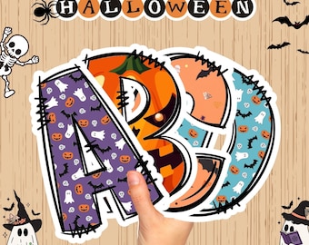 May include: A Halloween bulletin board kit with letter cutouts. The letters are decorated with pumpkins, bats, and ghosts. The word "Halloween" is displayed above the letters, and a banner of pumpkin lights hangs at the top.