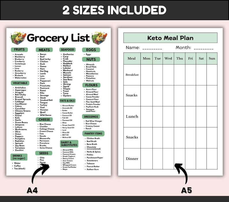 May include: A printable grocery list and keto meal planner. The grocery list is organised by food category, including fruits, vegetables, meats, seafood, eggs, nuts, flours, fats and oils, dairy and substitutes, seeds, and pantry items. The keto meal planner is a blank grid with columns for each day of the week and rows for breakfast, snacks, lunch, snacks, and dinner.