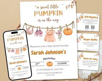 Kleine Kürbis-Babyparty-Einladungsvorlage, Herbst Kürbis-Babyparty einladen, Kürbis-Babyparty, Herbst-Babyparty, orange Baby